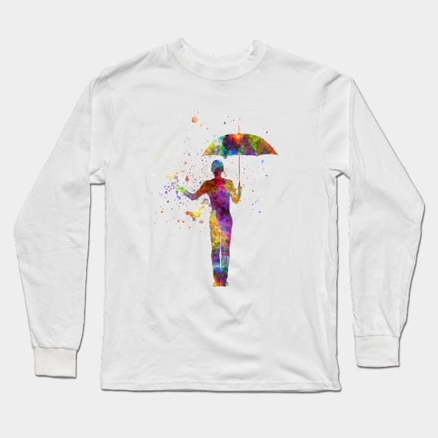 woman holding umbrella gesture silhouette in watercolor Long Sleeve T-Shirt by PaulrommerArt